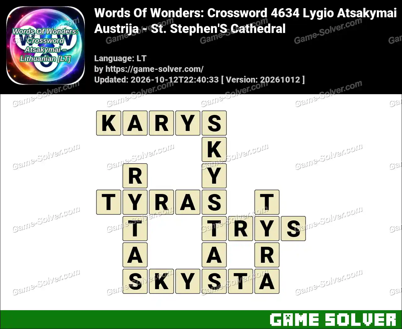 Words Of Wonders: Crossword 4634 Lygio Atsakymai – Austrija – St. Stephen’S Cathedral